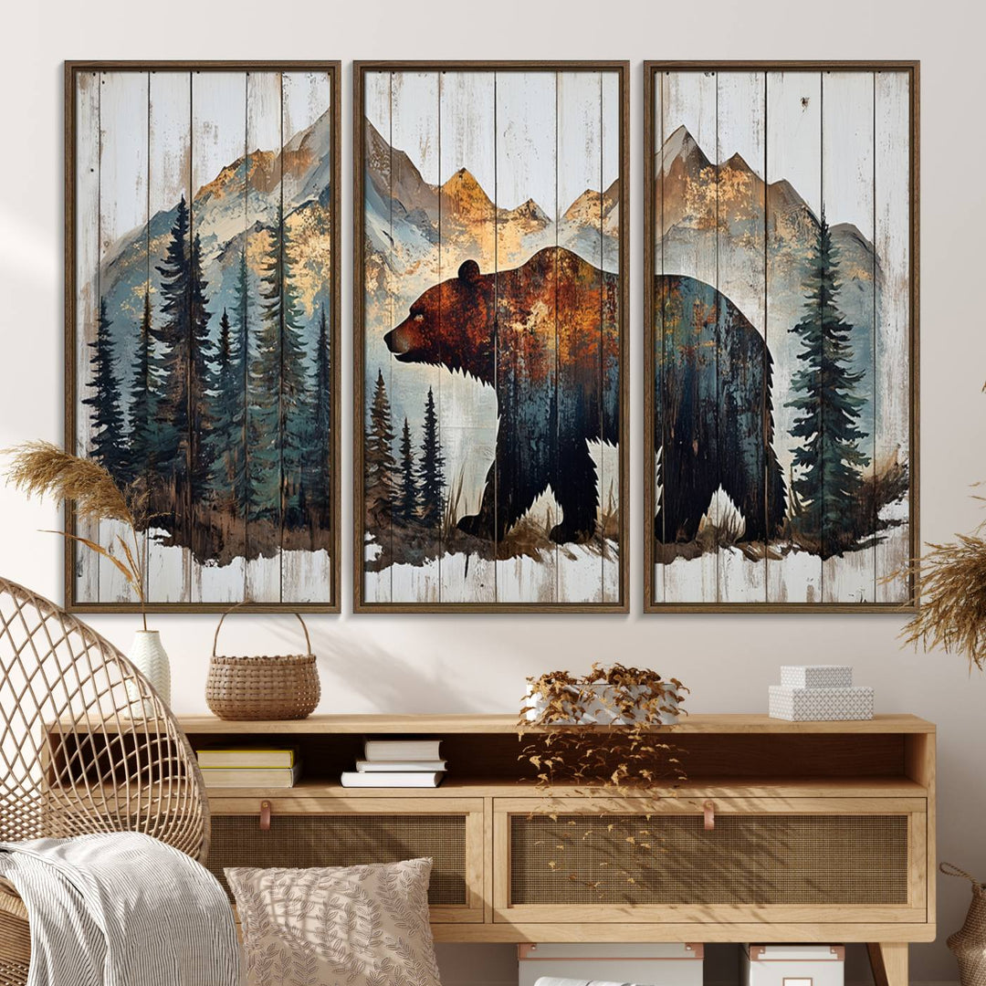 The Rustic Grizzly 399 Bear and Mountain Wood Canvas Wall Art elegantly depicts a majestic bear in a pine forest with mountain silhouettes, expertly framed on distressed wooden panels. This nature-inspired piece infuses charm and warmth, serving as perfect cabin wall decor.