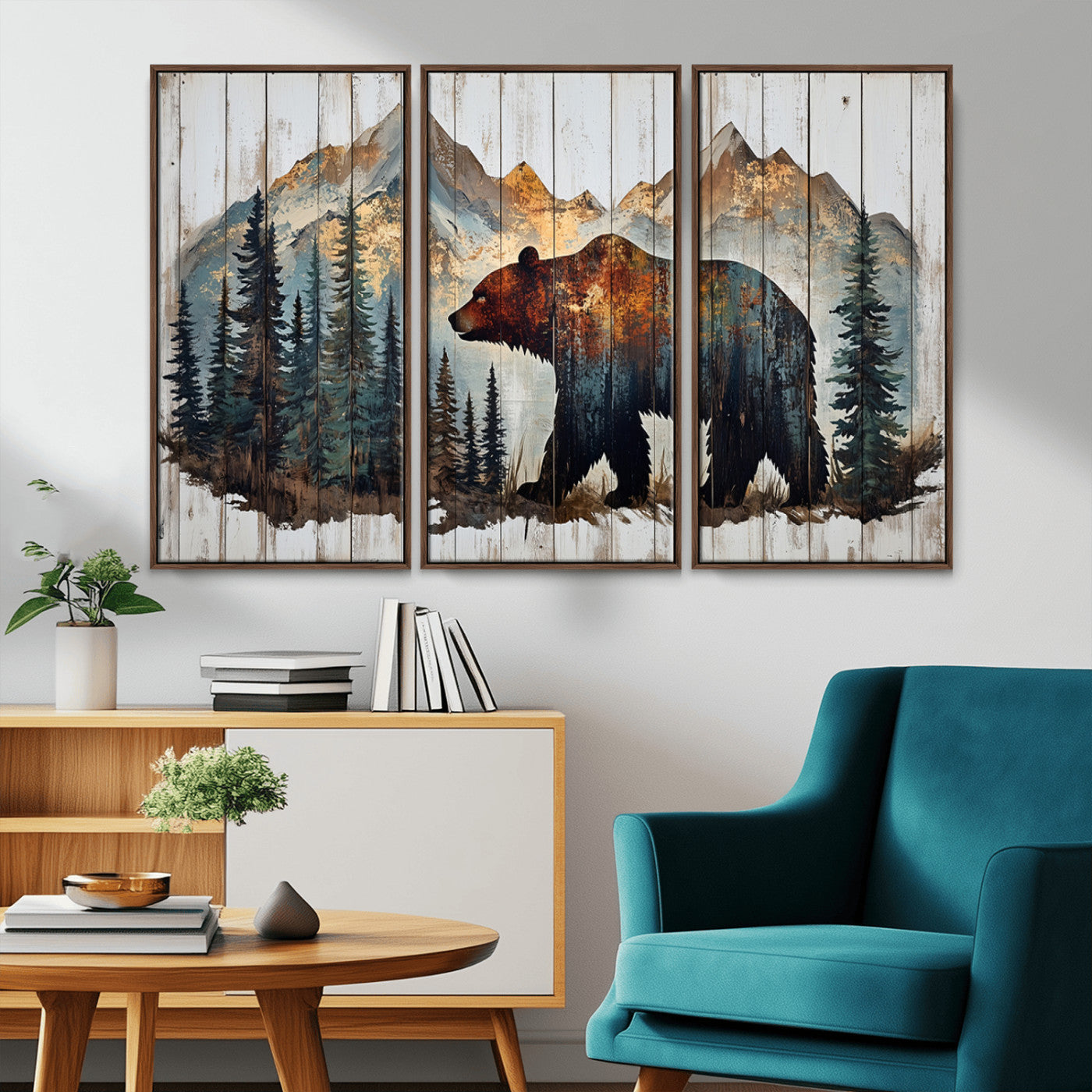 55777-MGV-CV-36X24-Rustic Grizzly 399 Bear and Mountain Wood Canvas Wall Art - Framed Nature Artwork with Forest