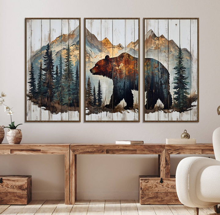 The living room features Rustic Grizzly 399 bear wall art, adding a cozy touch to the setup.