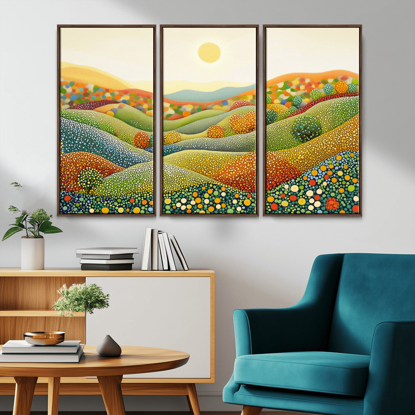 MGV-FC-48X32-3P - YAYOI KUSAMA Colorful Dot Art Landscape Canvas - Framed Abstract Pointillism Inspired by Nature with