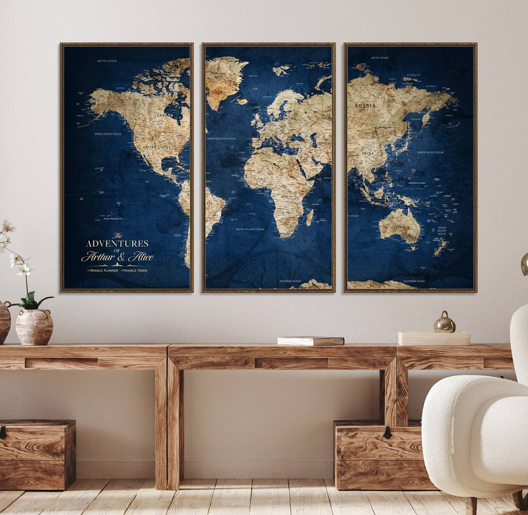 A Personalized Custom World Map Canvas Print on blue hangs prominently.