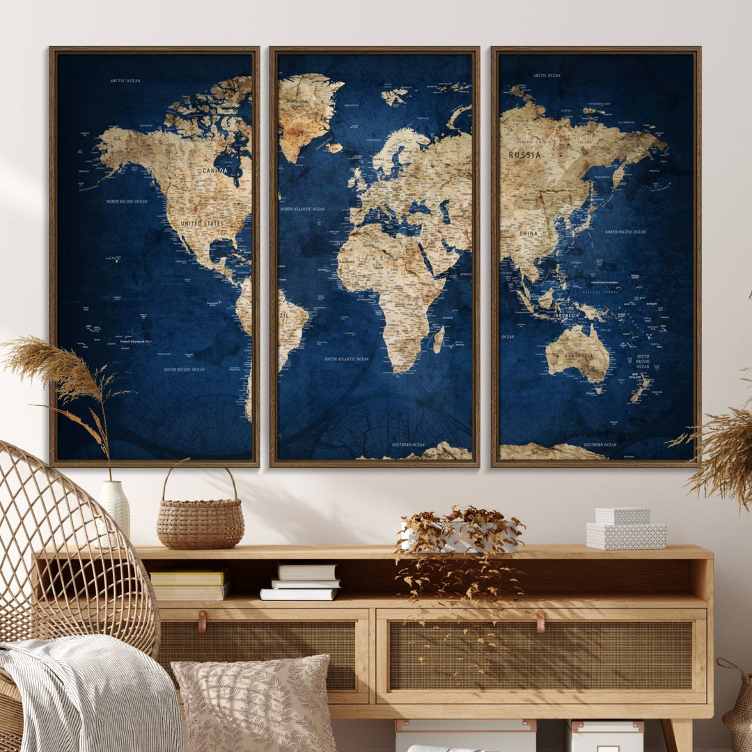 A personalized world map canvas print hangs above.