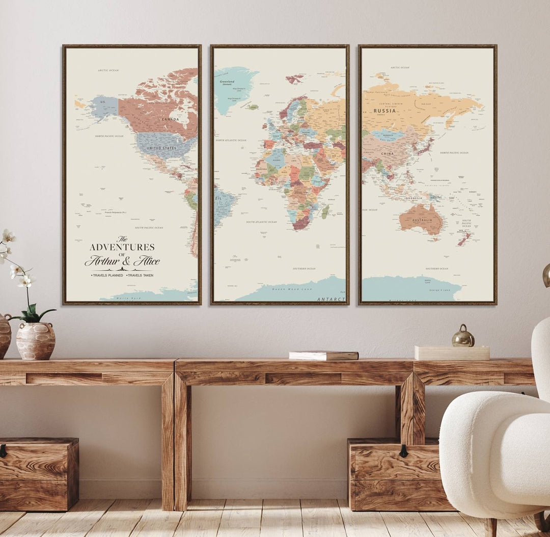 A large, colorful Custom World Map Canvas hangs on the light-colored wall.