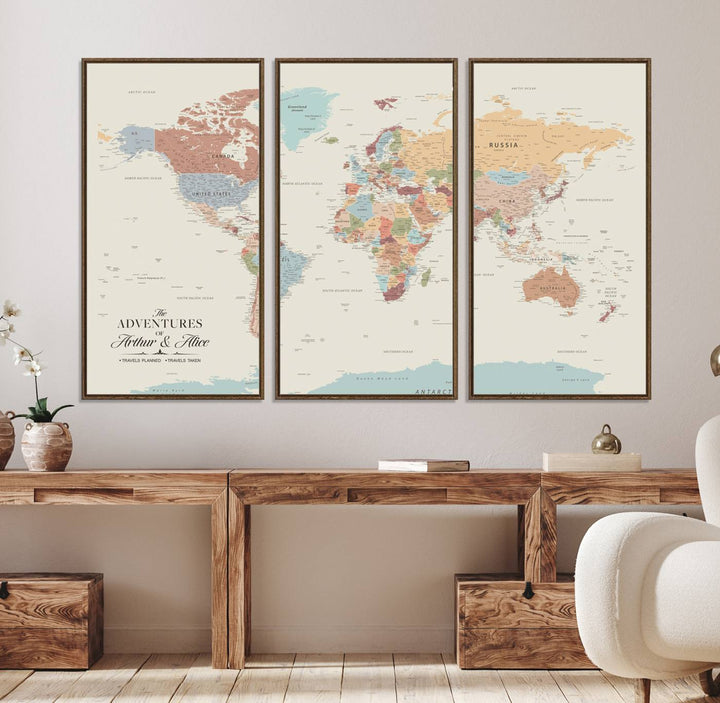 A large, colorful Custom World Map Canvas hangs on the light-colored wall.