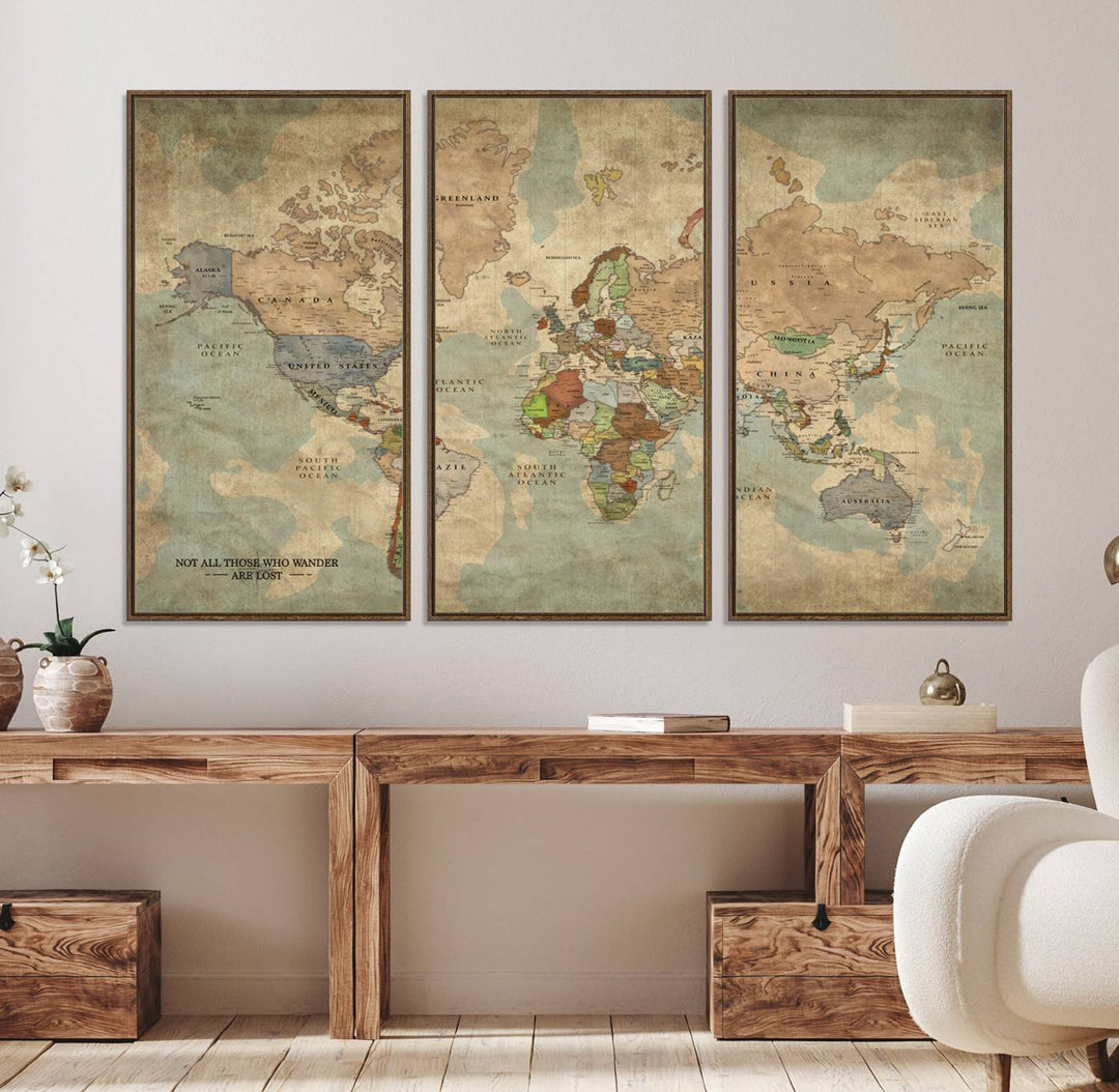 A Personalized World Map Canvas Print in vintage style enhances the setting with its artistic charm.