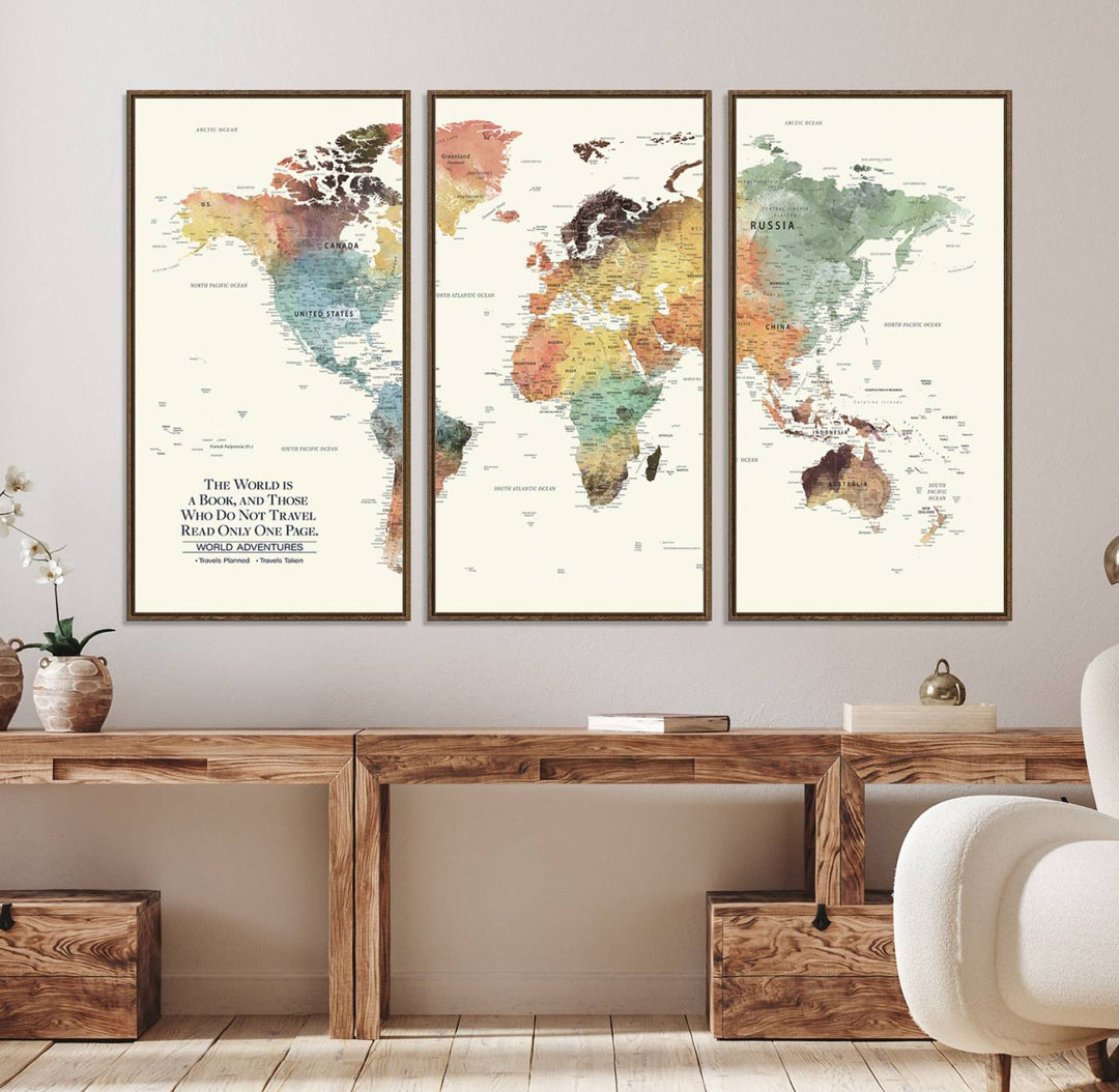 A colorful Personalized World Map Canvas Print, ideal as wall art for living room or office.