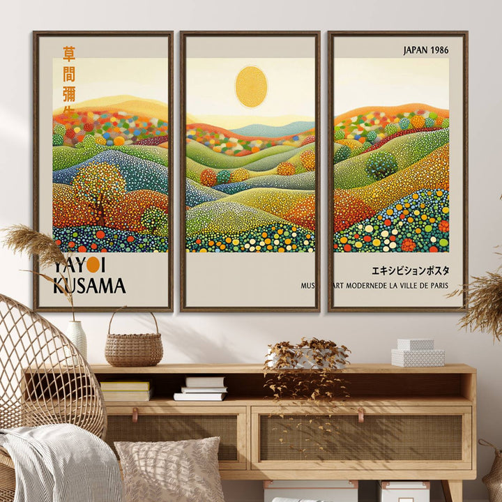 The Yayoi Kusama Wall Art Print – Wabi Sabi Japanese wall art features a vibrant abstract landscape design with dotted patterns and a bright yellow sun.