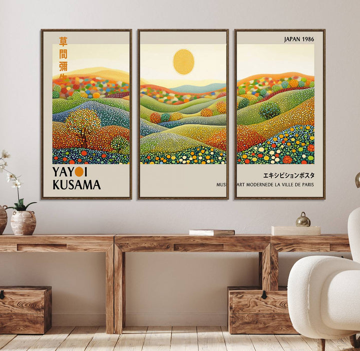 The Yayoi Kusama Wabi Sabi Japanese Wall Art Print features a vibrant landscape with dots, sun, and mountains.