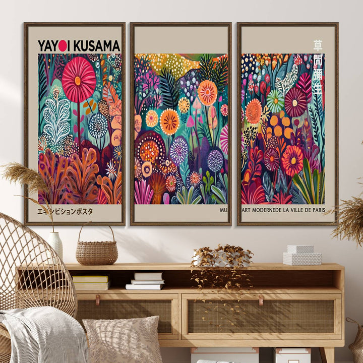 A framed "Yayoi Kusama Wall Art Canvas Print" showcases an abstract floral design, reflecting Japanese aesthetics.