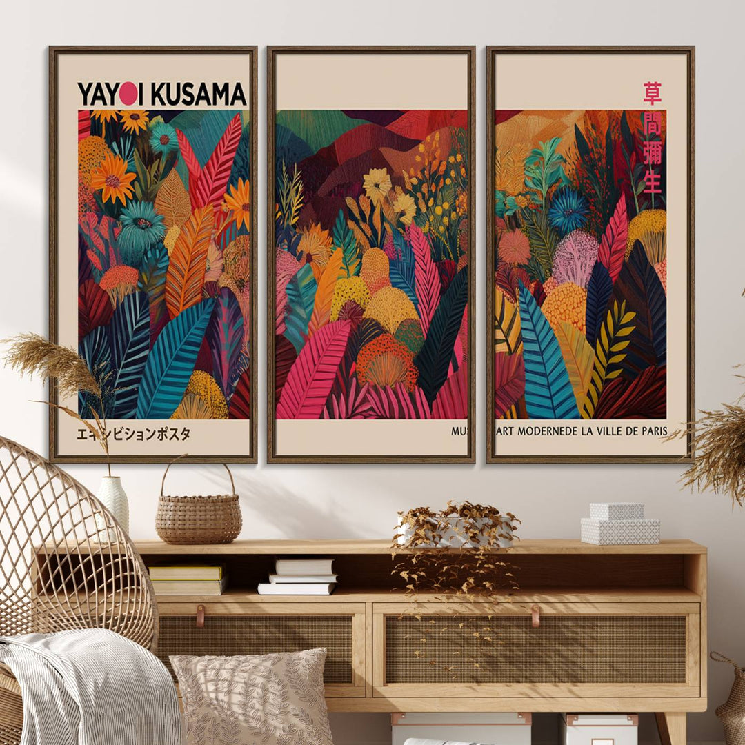 The Yayoi Kusama Inspired Wall Art Canvas Print features colorful flowers and foliage, presented with a premium canvas and gallery-quality finish.