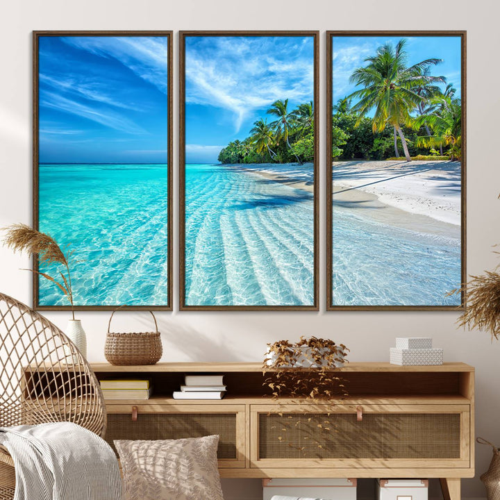 The Tropical Beach Wall Art Canvas Print showcases a serene ocean landscape with crystal clear turquoise water and palm trees, beautifully enhancing the coastal decor.