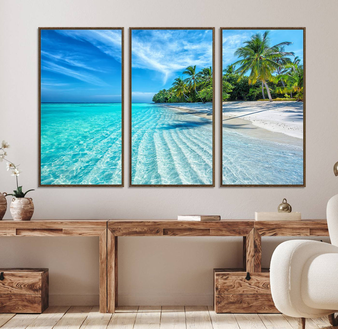 The Tropical Beach Wall Art Canvas Print features turquoise water and palm trees.