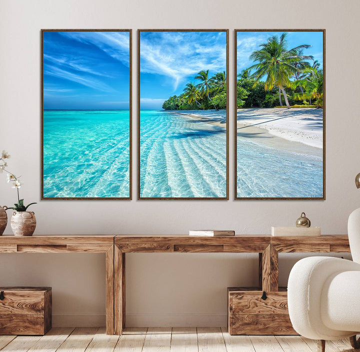 The Tropical Beach Wall Art Canvas Print features turquoise water and palm trees.