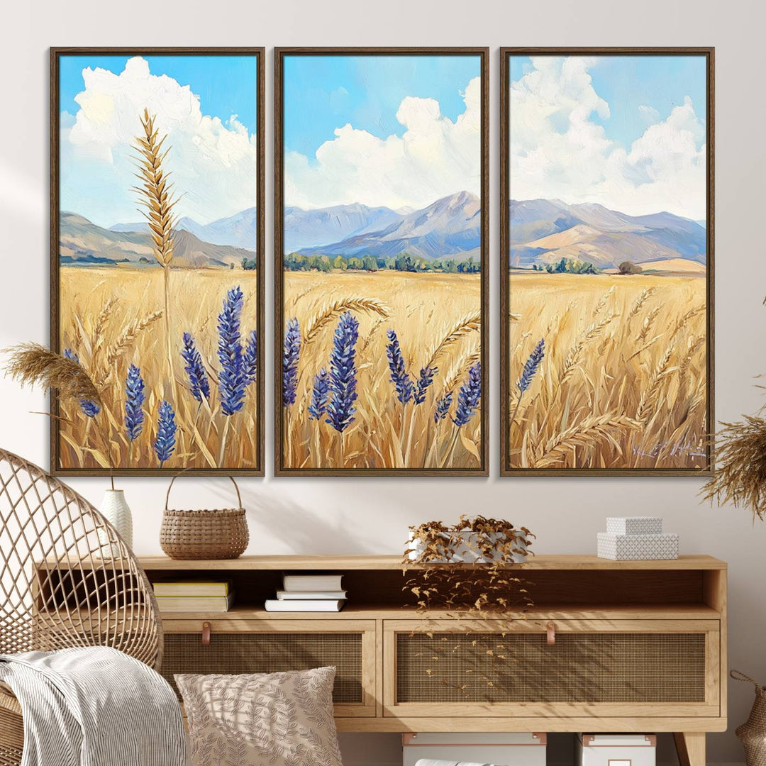 The Abstract Wheat Field Wall Art is a scenic landscape canvas print featuring golden wheat fields and lavender blooms, ideal for farmhouse or rustic decor.