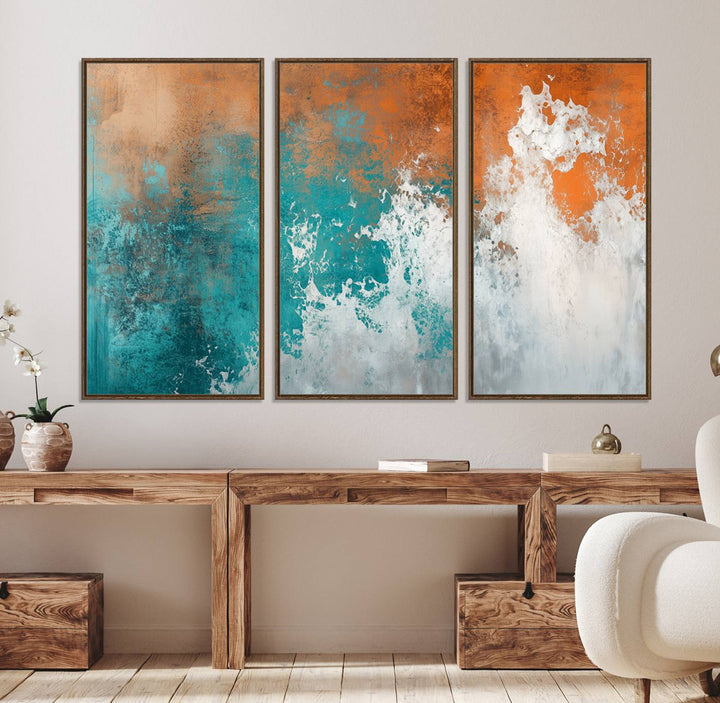 The Vintage Abstract Print - Bold Teal and Orange Canvas Wall Art is displayed on a porch.