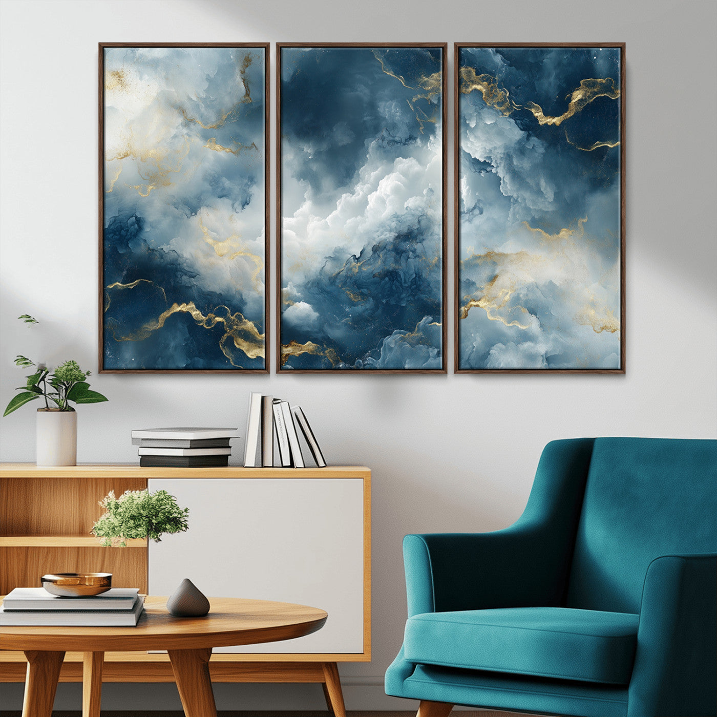 MGV-FC-48X32-3P - Large Abstract Print - Luxe Blue and Gold Abstract Canvas Wall Art - Bold Cloudscape Canvas for