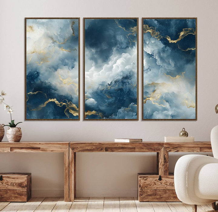 Luxe Blue and Gold Canvas Wall Art - a large abstract print.