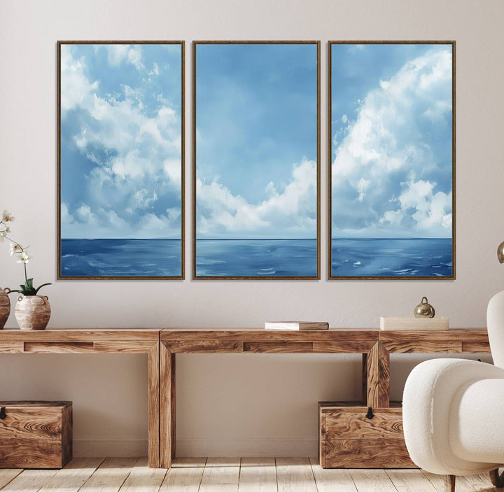 Abstract Ocean Print - Serene Blue Canvas displayed on a porch featuring minimalist decor.