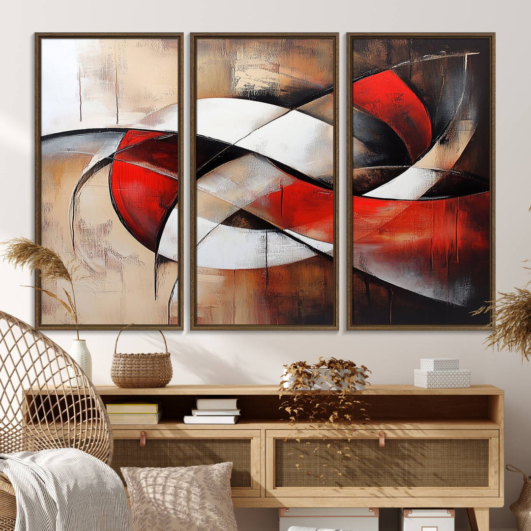 The "Abstract Wall Art - Modern Red and White Canvas Wall Art Print" features bold geometric shapes in red, black, and white on a beige background, enhancing contemporary aesthetics. This canvas print adds a striking focal point to any room, beautifully complementing the modern vibe of the space.