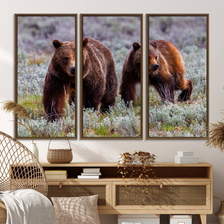 The "Grizzly 399 in Wild Flowers" wall art canvas print, showcasing grizzly bears amidst vibrant wildflowers, elegantly captures the enchanting essence of nature. This handmade piece from the USA brings striking beauty to any space.