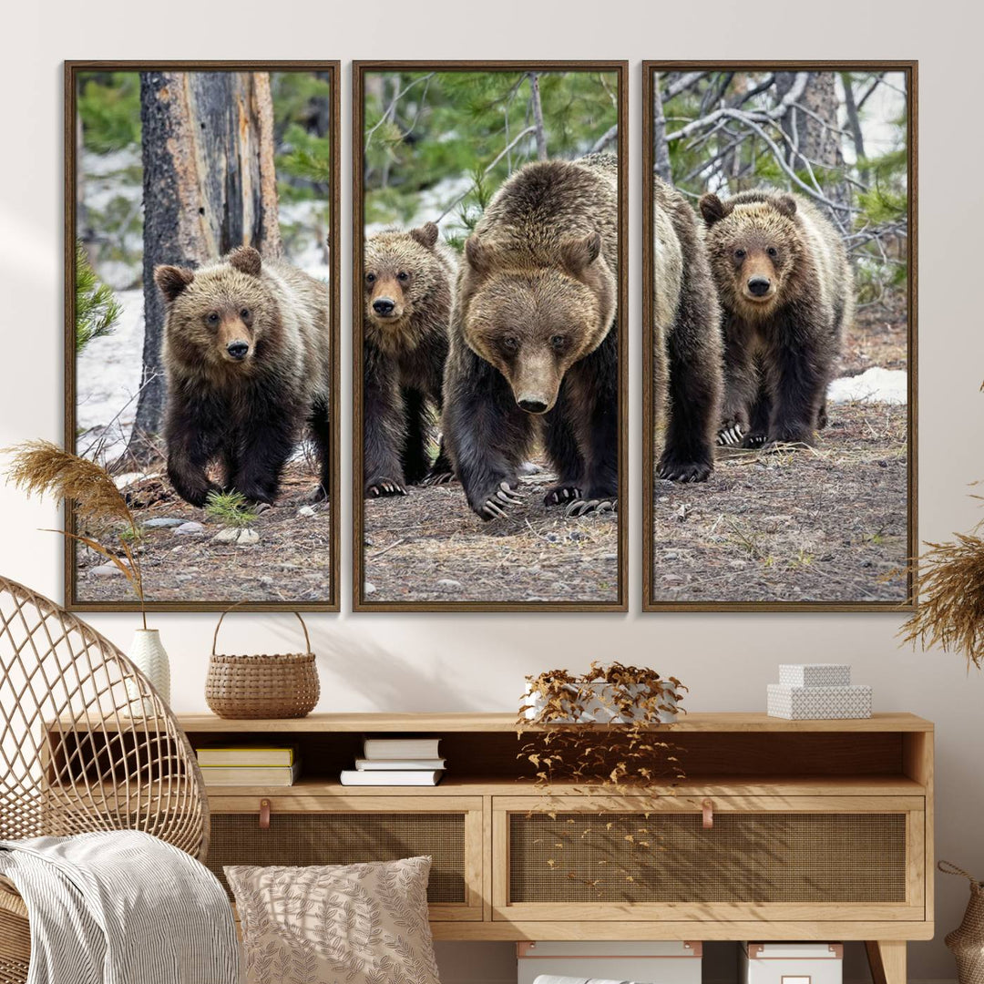 The wall art, a breathtaking canvas print titled "Queen of the Tetons," features 399 Grizzly Bear Cubs majestically captured in a forest setting. It is printed on premium canvas and handmade in the USA.