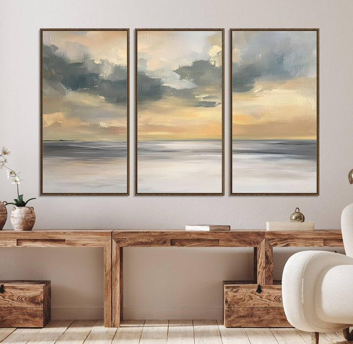 The Modern Coastal Wall Art Canvas Print features vibrant abstract ocean waves and clouds.