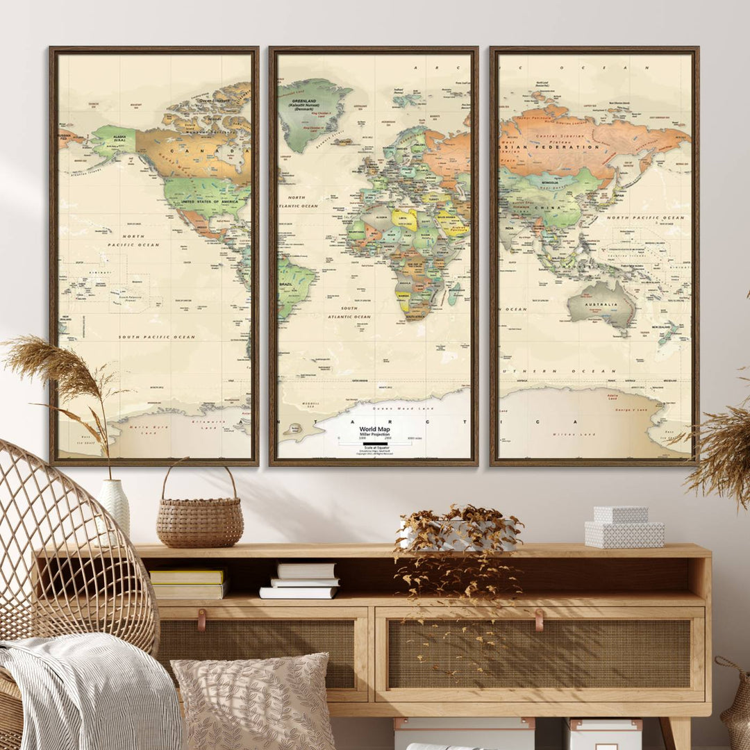 The Large Push Pin World Map Wall Art Canvas Print, with a gallery-quality finish, is carefully crafted on premium canvas and handmade in the USA. This piece adds a touch of elegance to any space.