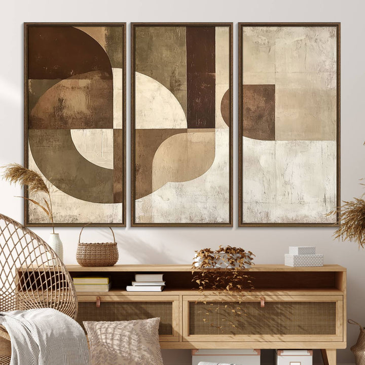 A Wabi Sabi Geometric Minimalist Wall Art Canvas Print—with a modern abstract geometric design in brown and beige tones—stands proudly in front of a house.