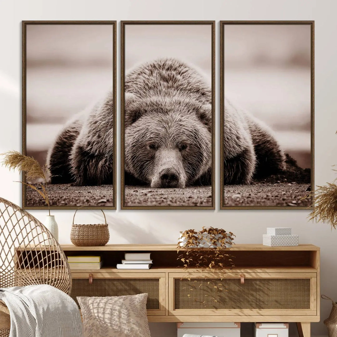 The Grizzly Bear Wall Art Print - a Rustic Bear Portrait Canvas - serves as the centerpiece on the wall, creating an elegant, nature-inspired decor.