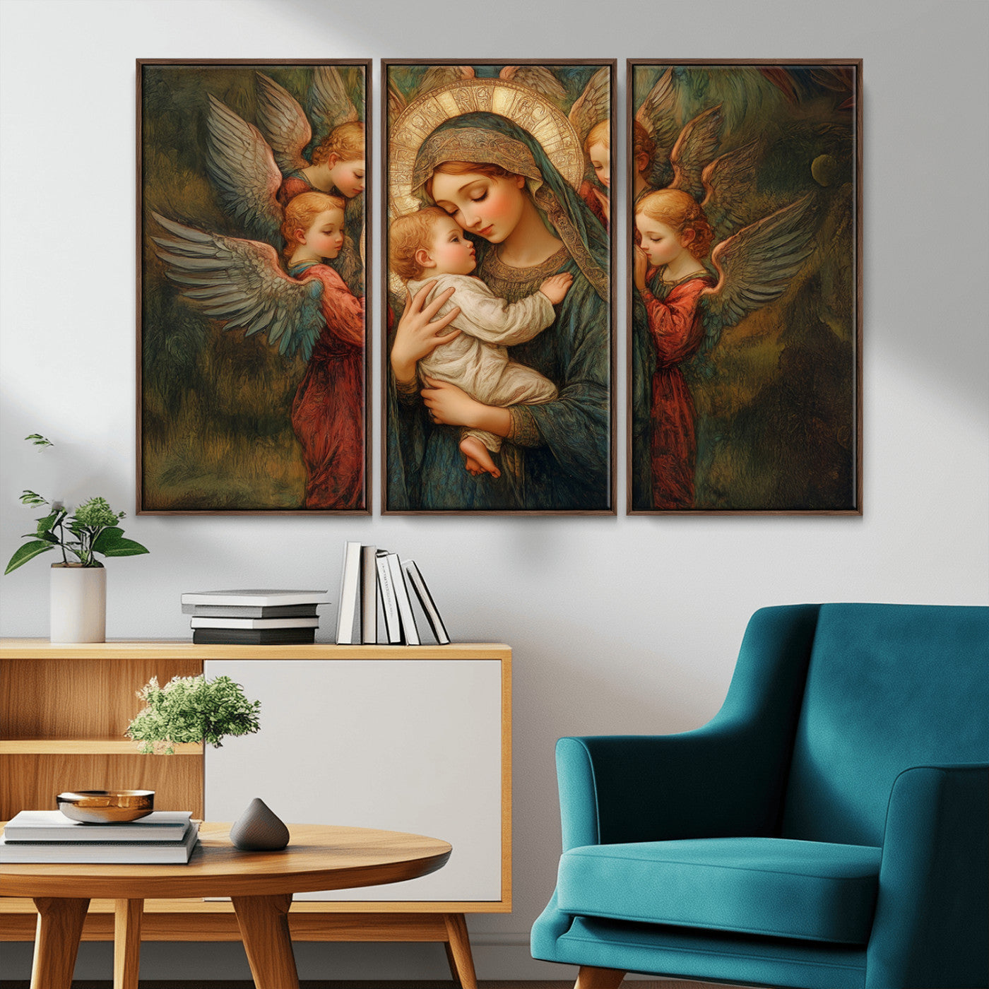 MGV-FC-48X32-3P - Mary Jesus Canvas Wall Art Print - Madonna and Child with Angels Art Print - Classic Christian