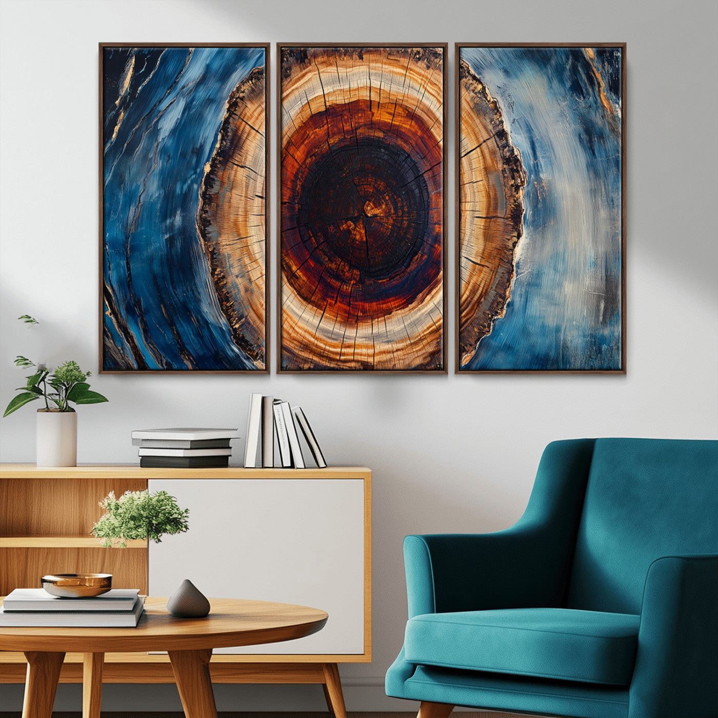 MGV-FC-48X32-3P - Framed Abstract Tree Ring Wall Art Print, Natural Rustic Wood Texture Canvas Print, Wood Tree Stump