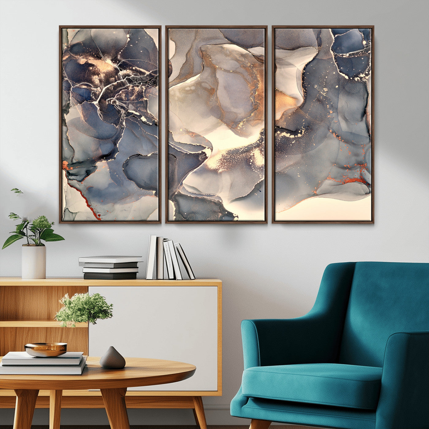 MGV-FC-48X32-3P - Abstract Blue and Gold Wall Art - Fluid Ink Artwork - Modern Luxury Wall Decor for Contemporary