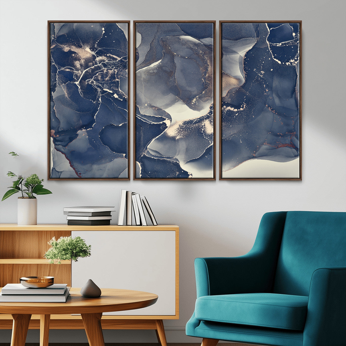 MGV-FC-48X32-3P - Large Abstract Blue and Gold Canvas Wall Art | Fluid Ink Artwork Print | Luxury Wall Decor for
