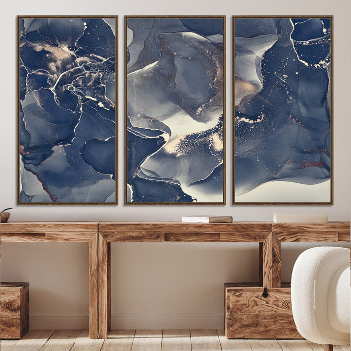 Large Abstract Blue and Gold Canvas Wall Art | Fluid Ink Artwork Print | Luxury Wall Decor for Contemporary Interiors | Framed Ready to Hang