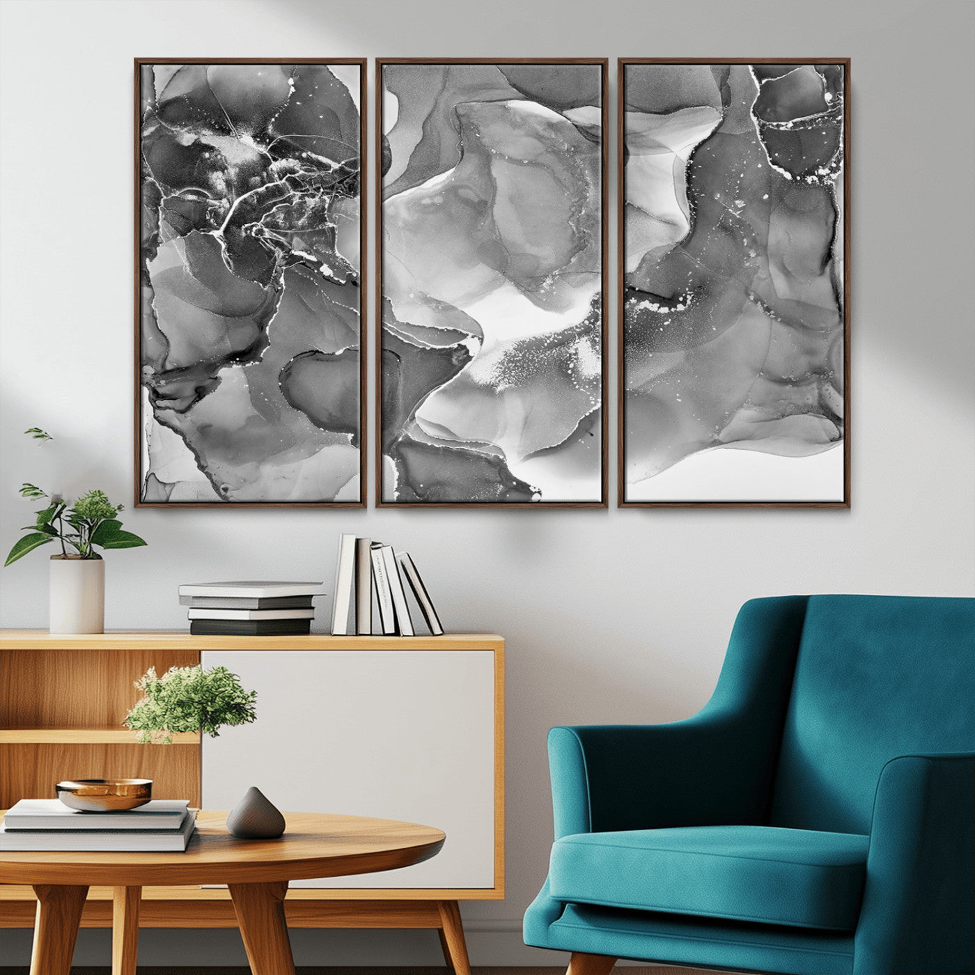 MGV-FC-48X32-3P - Black White Abstract Canvas Wall Art - Fluid Ink Artwork - Modern Luxury Wall Decor for Contemporary