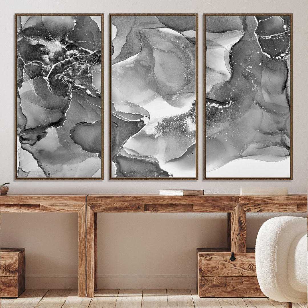 Black White Abstract Canvas Wall Art - Fluid Ink Artwork - Modern Luxury Wall Decor for Contemporary Interiors