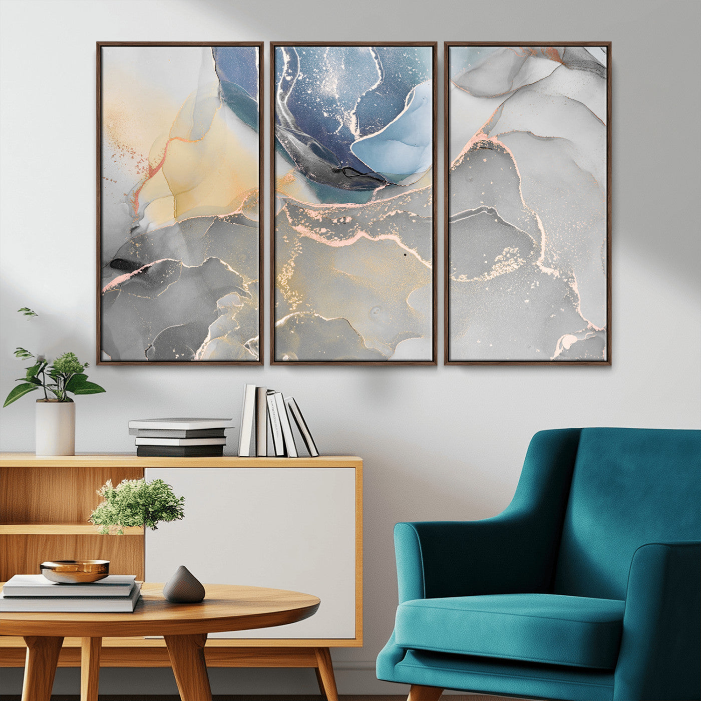 MGV-FC-48X32-3P - Large Abstract Blue and Gold Canvas Wall Art | Fluid Ink Artwork Print | Luxury Wall Decor for