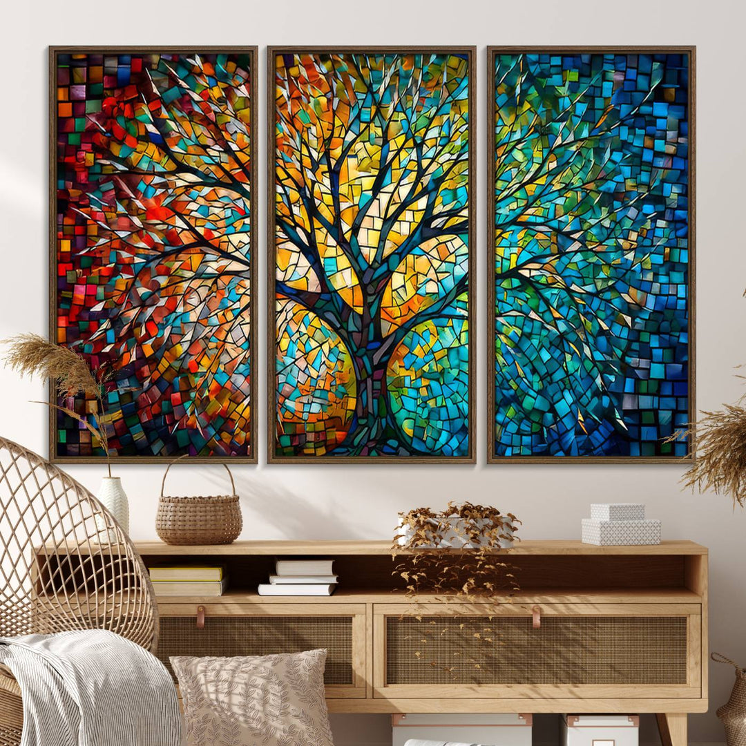 Explore the Yggdrasil Tree of Life Wall Art Print, a 3-panel canvas print made in the USA, featuring a vibrant multicolor mosaic design.