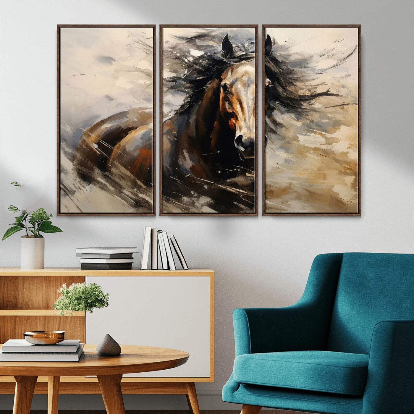 MGV-FC-48X32-3P - Abstract Wall Art Horse Print - Large Western Horse Canvas - Farmhouse Woodland Wall Art - Framed