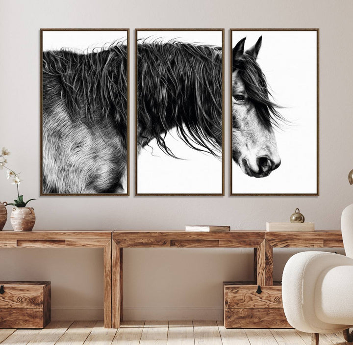 Black Horse Wall Art Canvas Print for farmhouse decor on the kitchen wall.