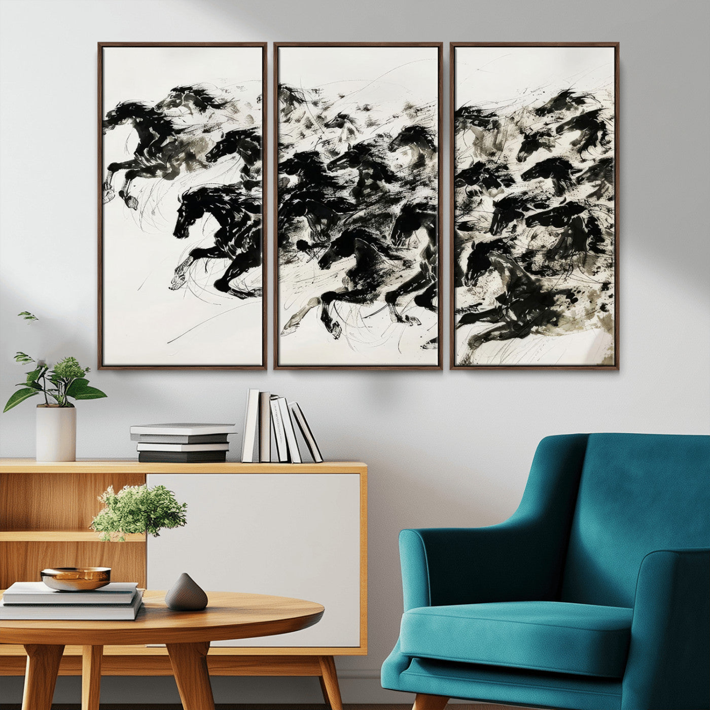 MGV-FC-48X32-3P - Abstract Horse Wall Art Canvas Print - Dynamic Black Ink Horse Print - Modern Equine Wall Decor for