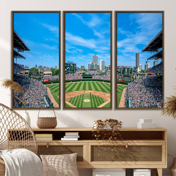 The Wrigley Field Chicago Cubs canvas art, depicting the iconic stadium, is perfect for sports lovers.