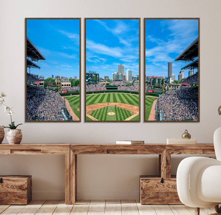 Panoramic view of Wrigley Field, ideal for the Wrigley Field Chicago Cubs Panoramic Canvas Wall Art - Ready to Hang.