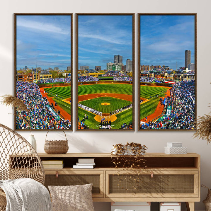 The Wrigley Field Cubs Panoramic Canvas Art hangs prominently in the modern living room.