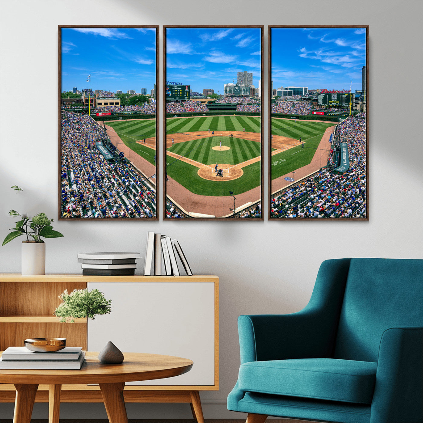 MGV-FC-48X32-3P - Framed Wrigley Field Chicago Cubs Print, Panoramic Multi Piece Canvas Wall Art - Iconic Baseball