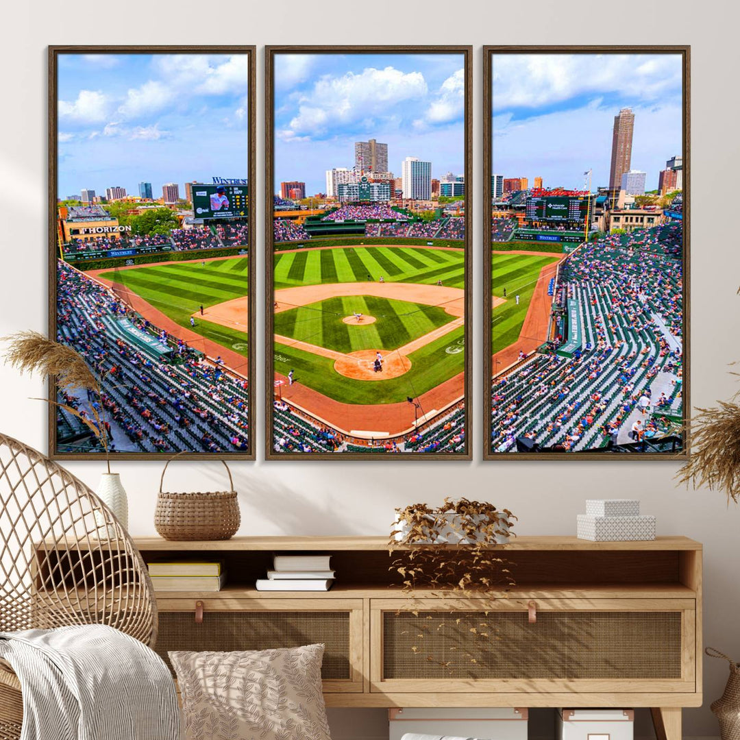 A 3-piece panoramic canvas wall art showcases an aerial view of a packed Chicago Cubs game at Wrigley Field, perfect for sports lovers.