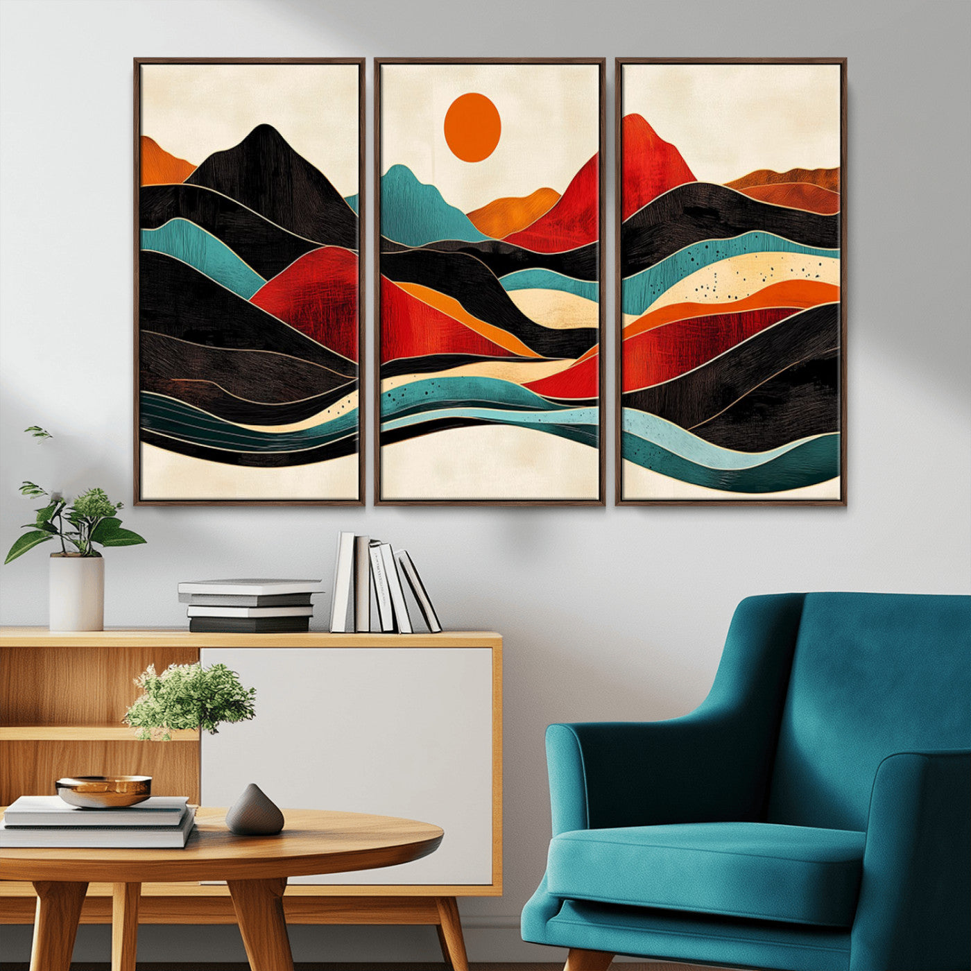 MGV-FC-48X32-3P - Western Wall Decor - Large Triptych Mountain Canvas - Boho Woodland Wall Art Print - Framed
