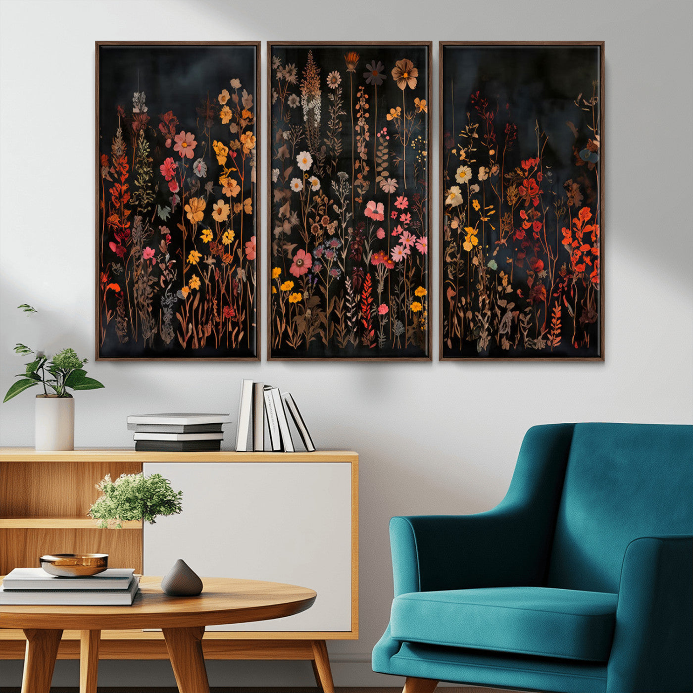 MGV-FC-48X32-3P - Dark Floral Canvas Wall Art - Moody Botanical Flower Print - Rustic Floral Wall Decor for Home -