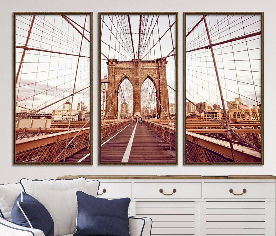 The three-panel "Wall Art New York Manhattan Cityscape Canvas Print" of the Brooklyn Bridge makes an ideal addition to minimalist interiors, capturing the essence of abstract expressionism.