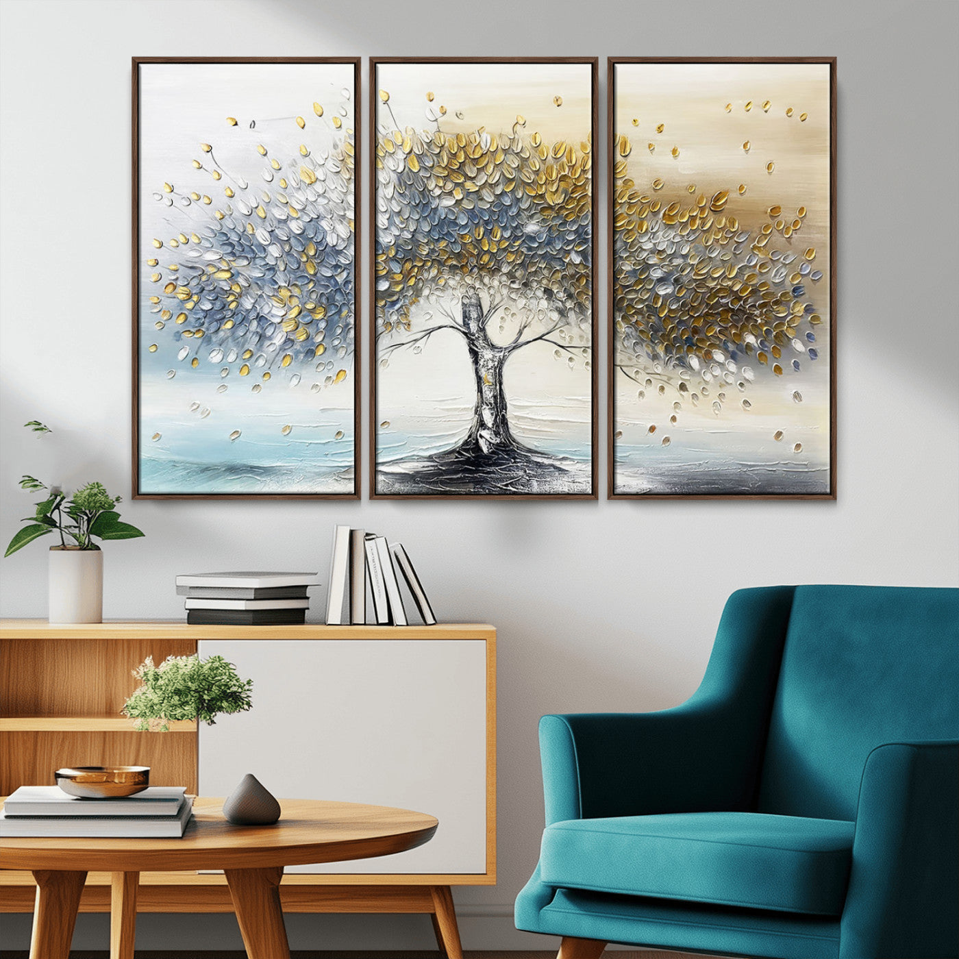 An elegant impasto painting featuring a tree with shimmering silver and gold leaves, blending soft pastels to create a calm and sophisticated atmosphere.